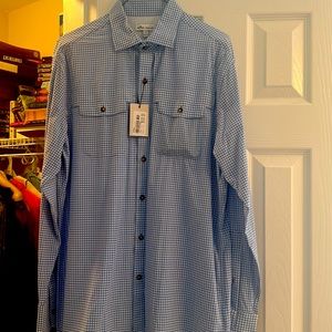 Long sleeve blue gingham shirt from Peter Millar Seaside collection.